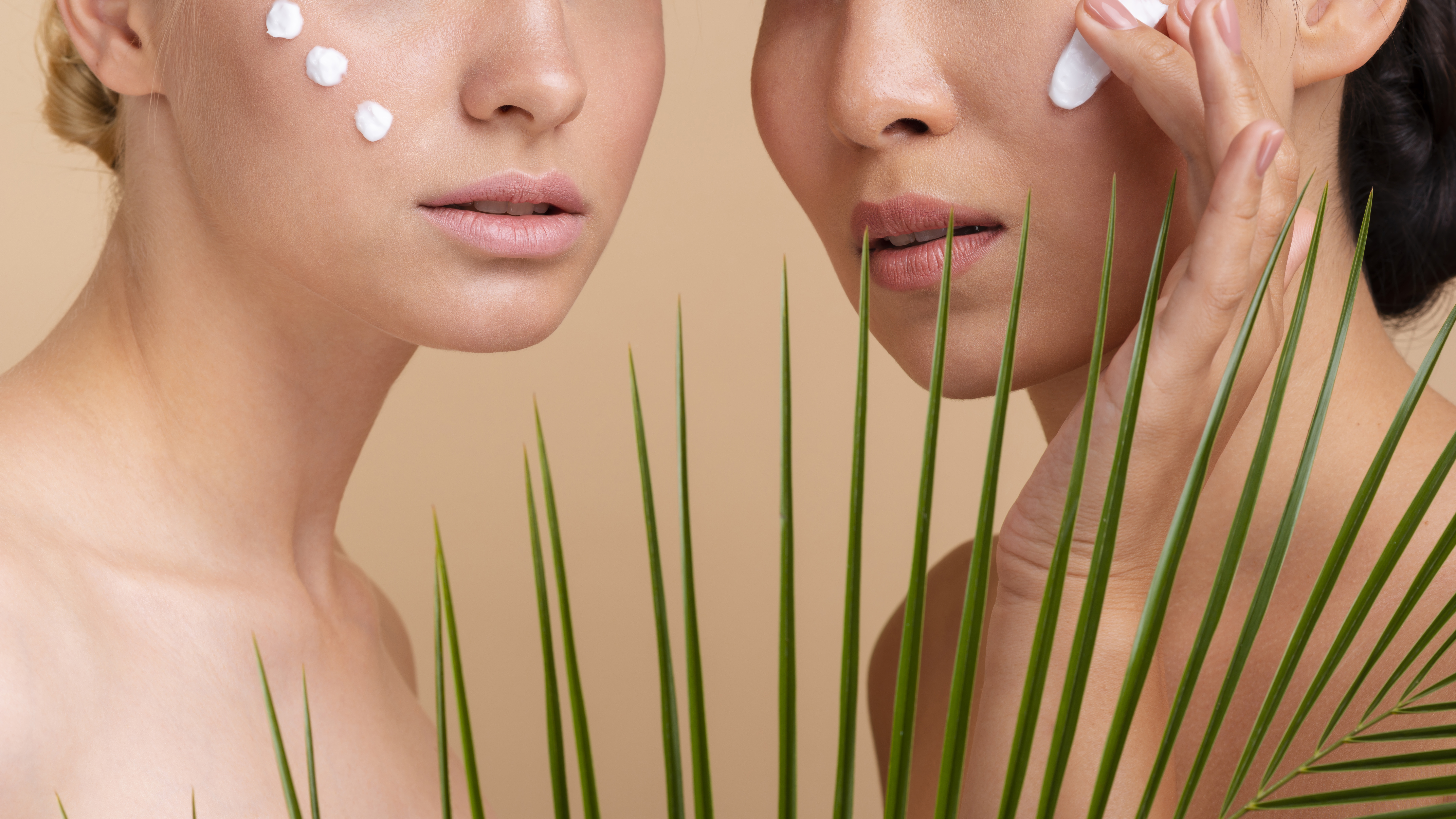 Κοντινό πλάνο μοντέλων με κρέμα προσώπου